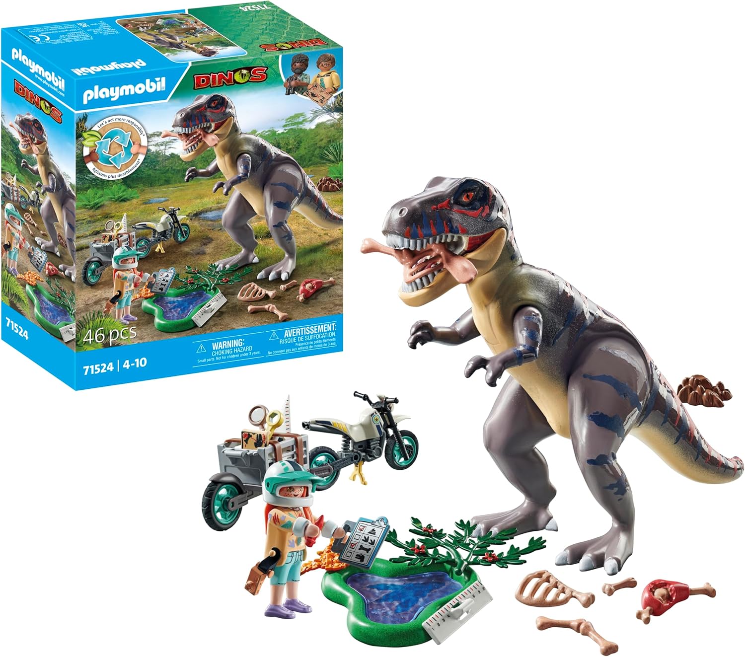 Explorateur Playmobil avec Moto et Tyrannosaure